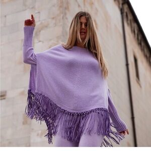 Pinotti Purple Wool Cashmere Poncho One Size Italy Fringe Hem brand new